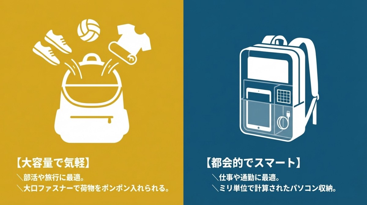 用途に合わせたリュックサックのデザイン 大容量で気軽なノースフェイスのリュックと、都会的でPC収納もスマートなアークテリクスのリュック