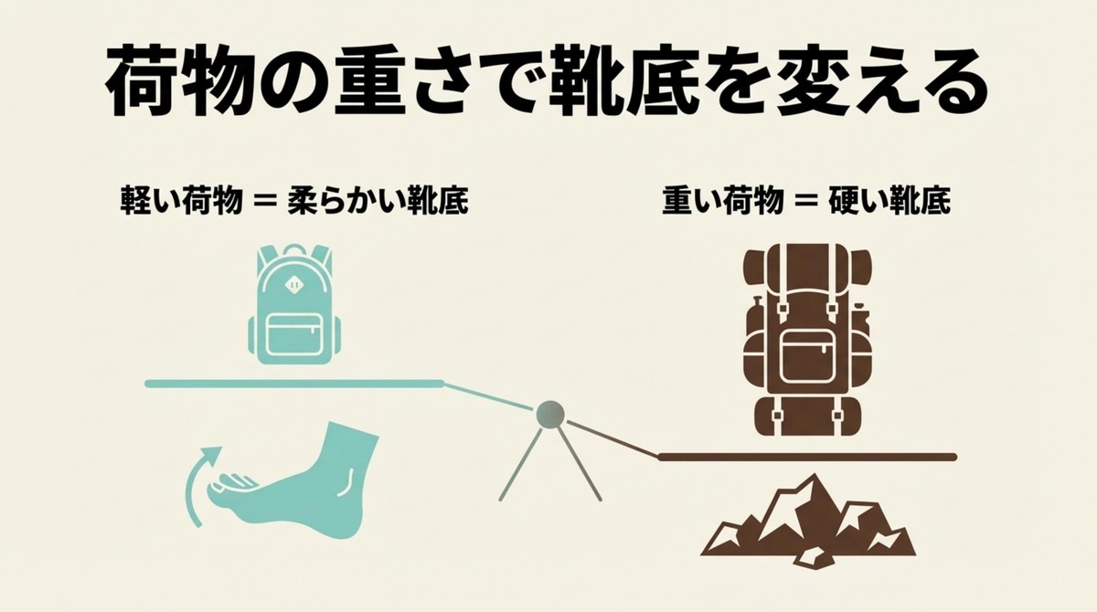 荷物の重さに合わせた靴底の硬さの選び方