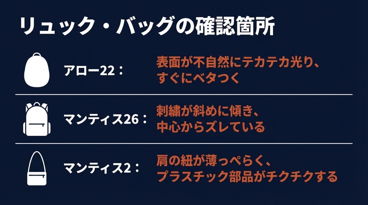 人気リュック・バッグの偽物チェックポイント アロー22やマンティスシリーズの偽物の確認箇所