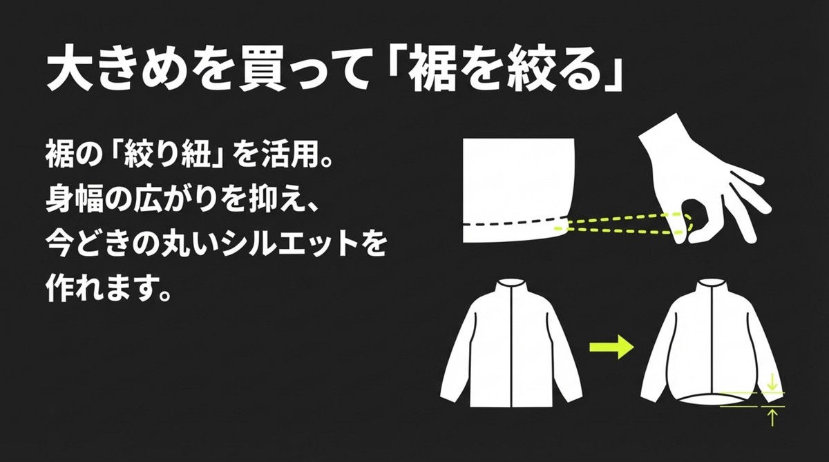 大きめのサイズを買って裾を絞り、シルエットを調整する方法の図