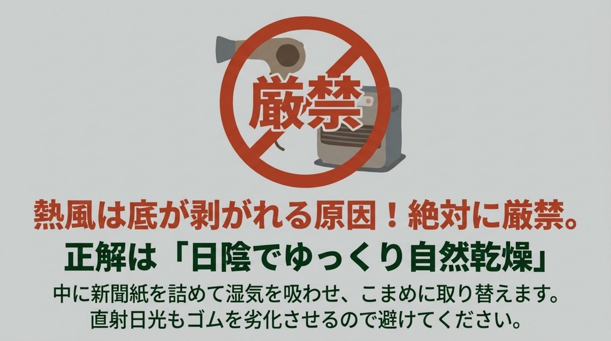 熱風乾燥は絶対に厳禁! ソール剥がれの原因となるドライヤー等の熱風乾燥が厳禁である図解
