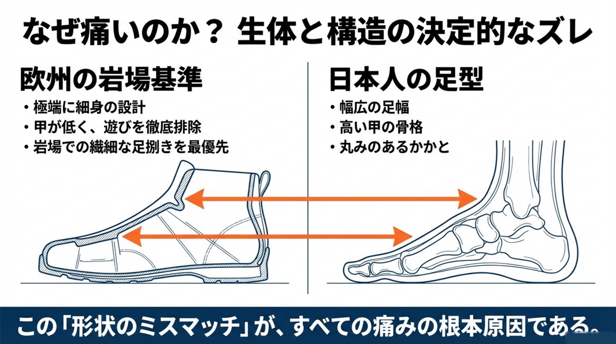 欧州の岩場基準で作られた登山靴と日本人の幅広・甲高な足型の構造的なズレを示す断面図