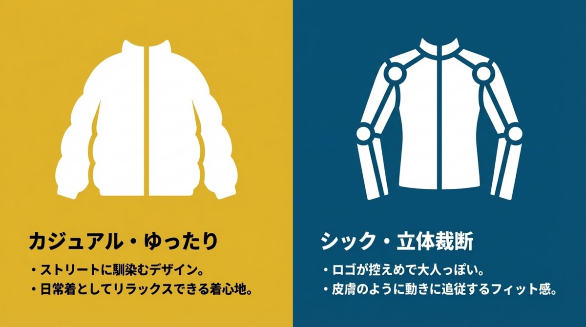 フィット感と立体裁断の違い ゆったりとした着心地のノースフェイスと、皮膚のように動きに追従する立体裁断のアークテリクス