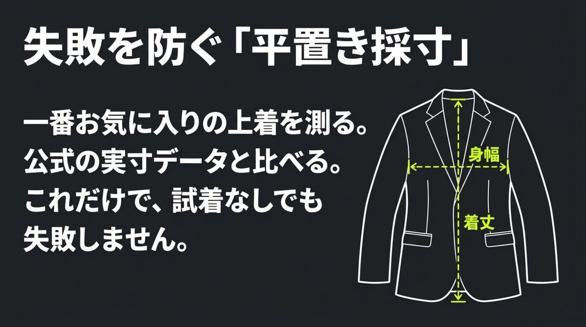 上着を平置きして着丈と身幅を測る方法を示す図
