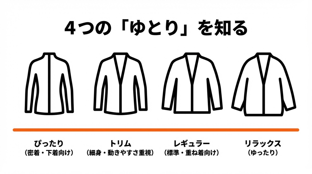 失敗を防ぐ4つのフィット感(ゆとり) ぴったり、トリム、レギュラー、リラックスという4つのゆとりの種類