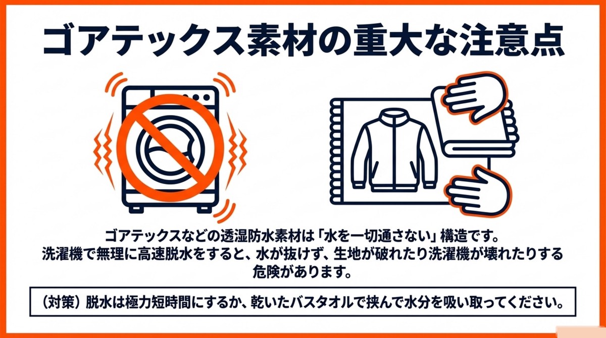 要注意!ゴアテックス素材の脱水リスクと対策 ゴアテックス素材の重大な注意点 洗濯機で無理に高速脱水をすると危険があります 脱水は極力短時間にするかバスタオルで水分を吸い取ってください