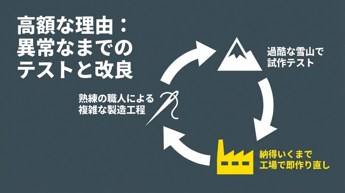 高額な理由は異常なまでのテストと改良、複雑な製造工程、過酷な雪山での試作テスト