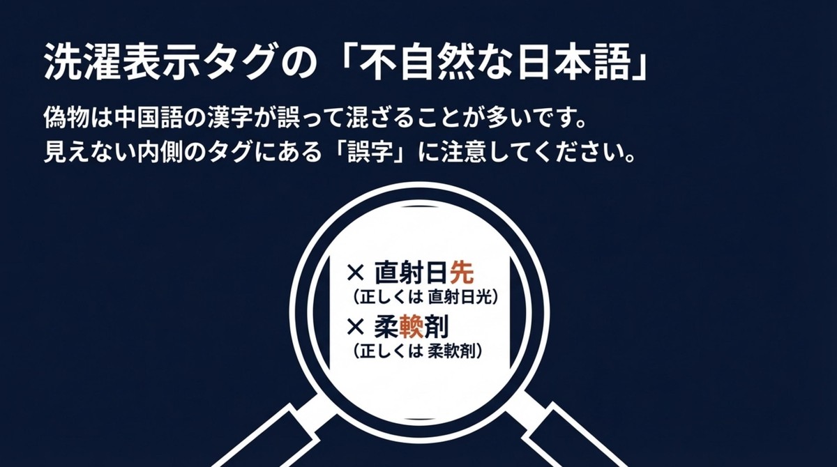 見えない内側タグの誤字脱字・不自然な日本語に注意 洗濯表示タグの直射日先や柔輭剤などの不自然な日本語表記