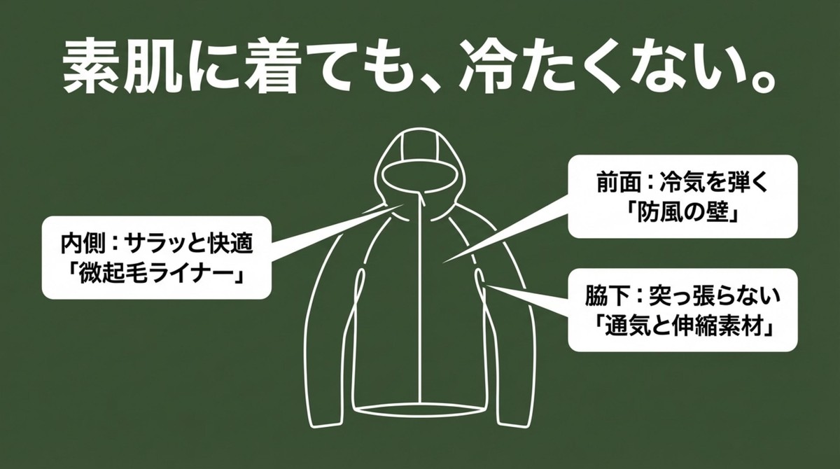 素肌に着ても冷たくない微起毛ライナーと通気構造