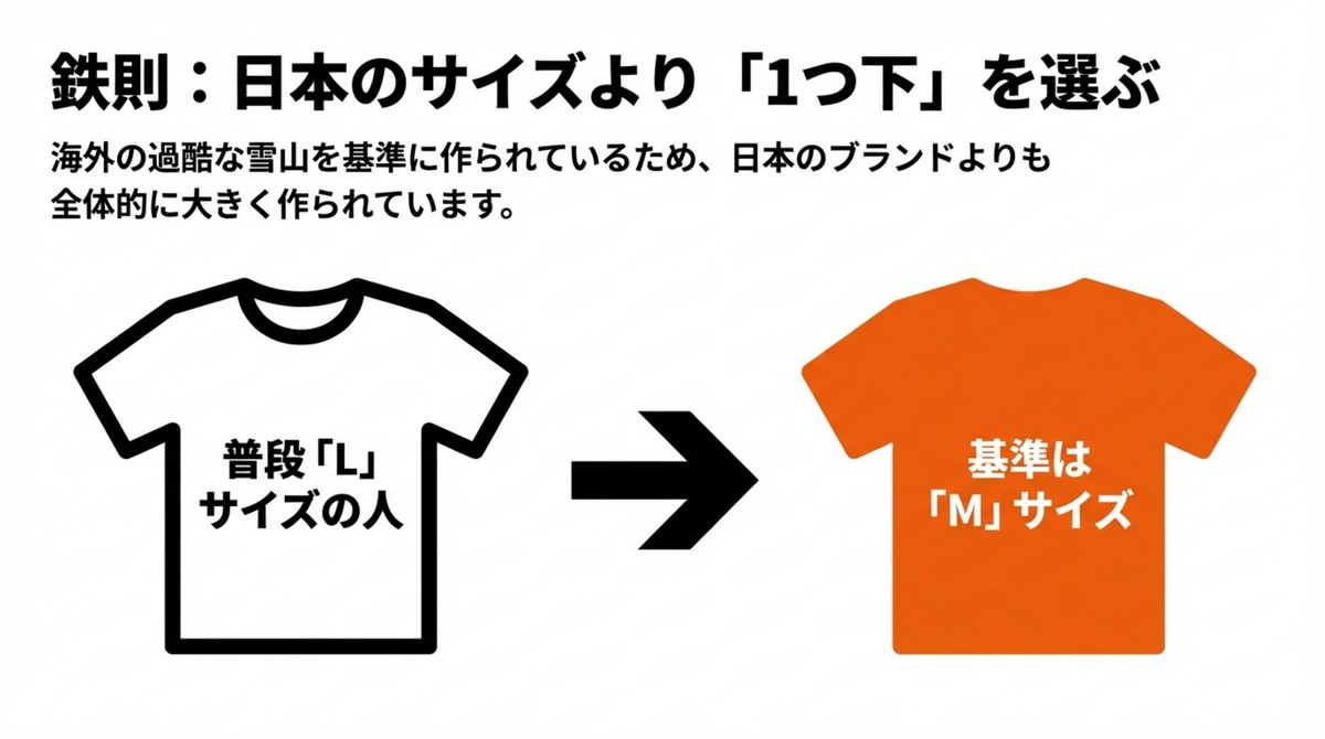 鉄則は日本サイズよりワンサイズダウン 普段Lサイズの人はMサイズを選ぶという日本のサイズより1つ下を選ぶ鉄則