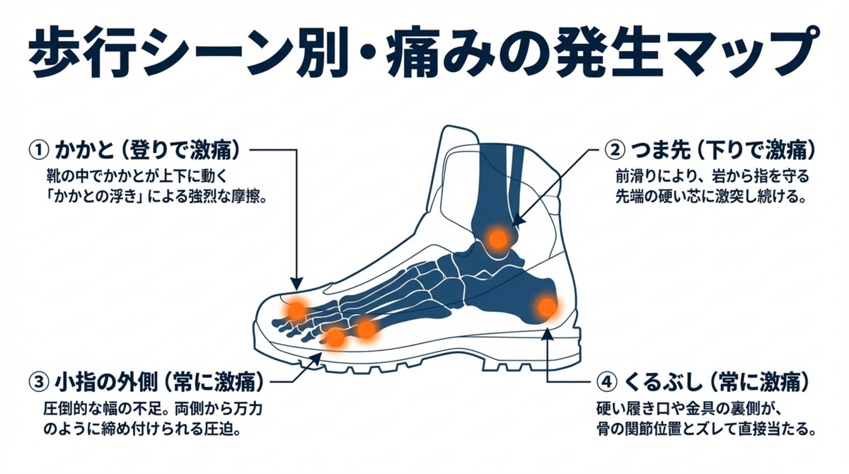 かかとの浮き、つま先の前滑り、小指の圧迫、くるぶしの当たりなど、歩行シーン別の痛みの発生箇所マップ