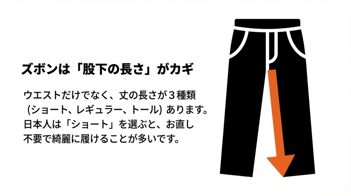パンツ選びは股下丈(インシーム)に注目 ズボンのサイズ選びではショート、レギュラー、トールといった股下の長さがカギになること