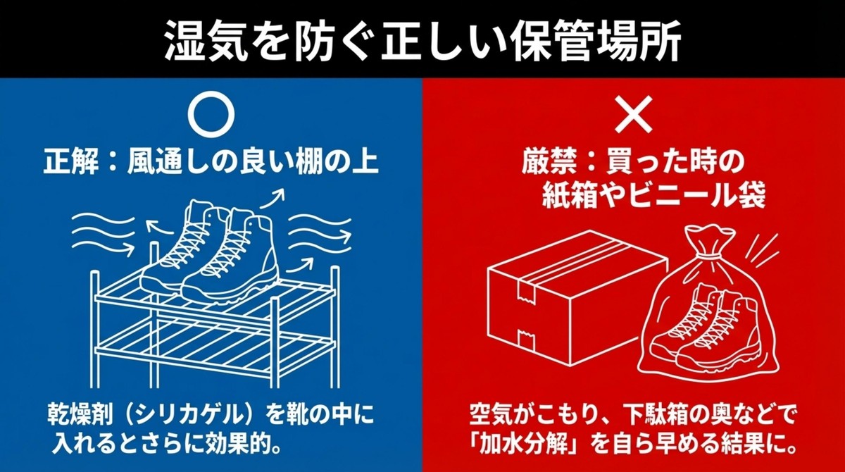 風通しの良い棚の上に保管し、買った時の箱や袋は避けるべきであることを示す図