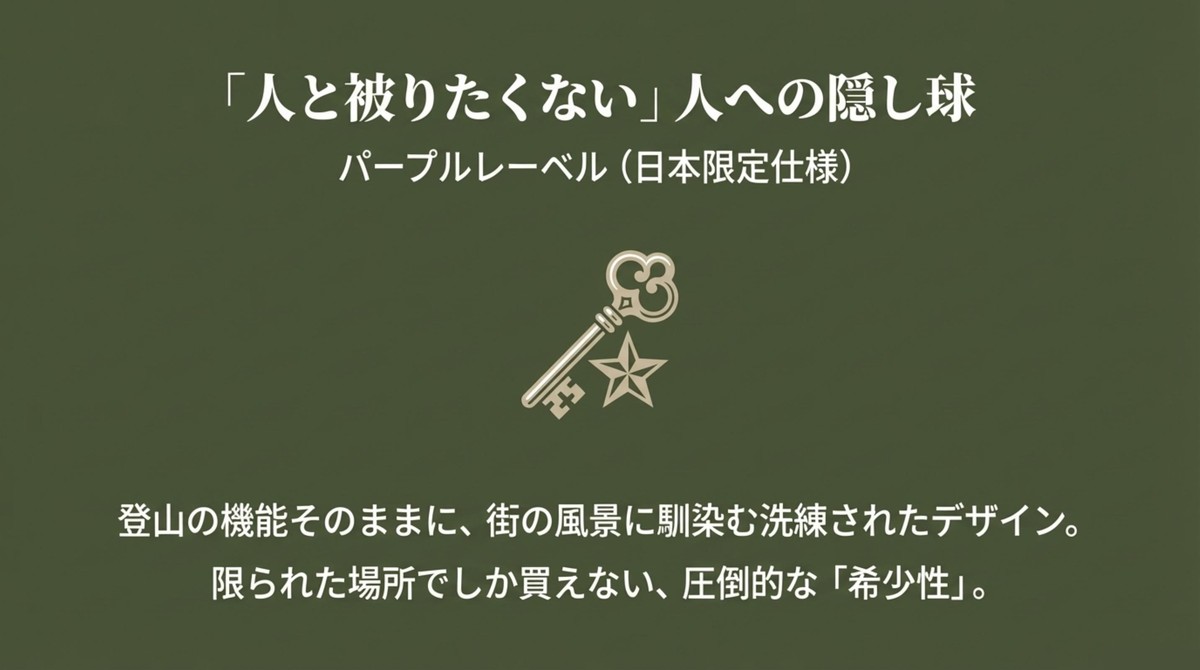 人と被りたくない人への隠し球であるパープルレーベルは、洗練されたデザインと希少性が特徴 [cite: 40, 42, 43]