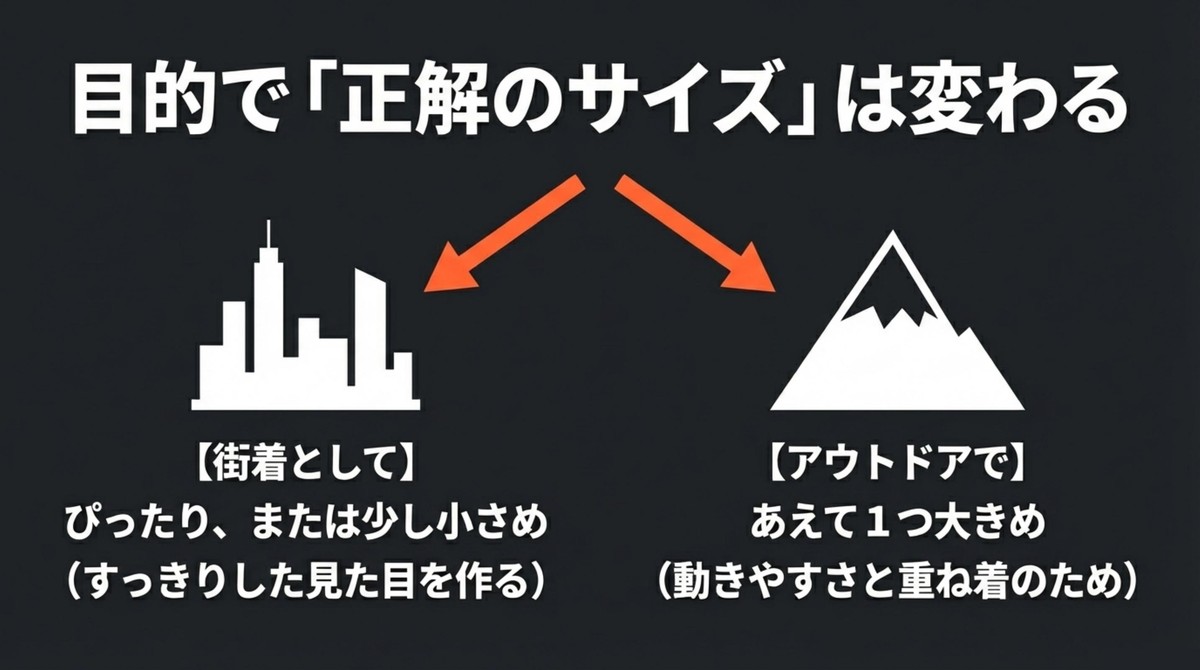 街着とアウトドアでサイズ選びの正解が変わることを示す図解