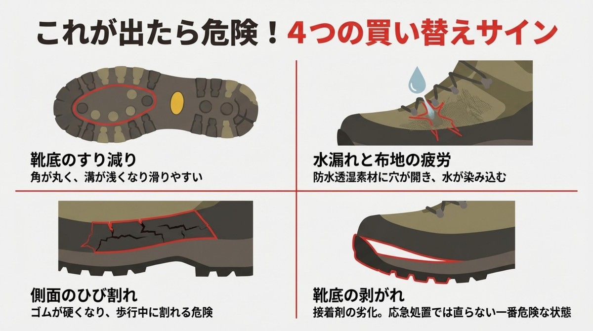 靴底のすり減り、水漏れ、側面のひび割れ、靴底の剥がれなど4つの買い替えサイン