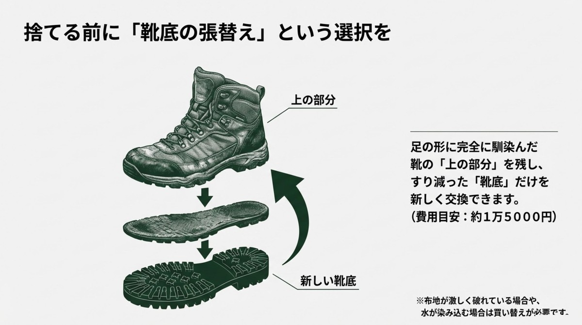 足に馴染んだ靴の上の部分を残し、新しい靴底に張り替えるリソールの図解