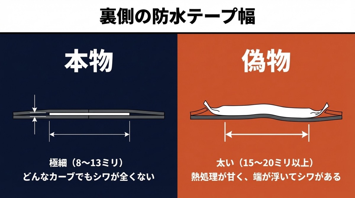 裏側の防水テープ(シームテープ)の幅とシワを確認 本物の極細シームテープと偽物の太くてシワのあるシームテープの比較
