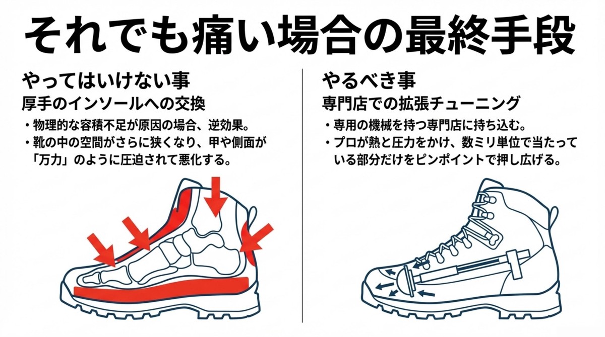 インソール交換の注意点と、専用の機械を持つ専門店で熱と圧力をかけて靴をピンポイントで押し広げる拡張チューニングの解説