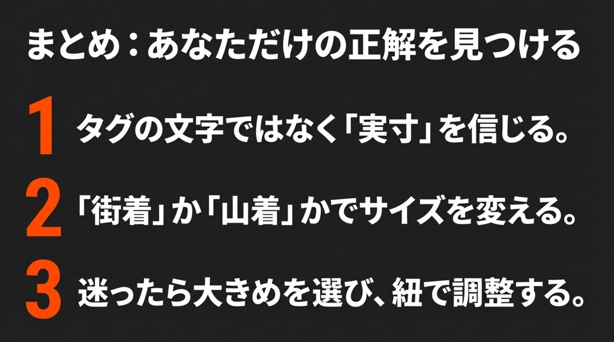 実寸を信じる、目的で変える、紐で調整するというサイズ選びの3つのまとめ