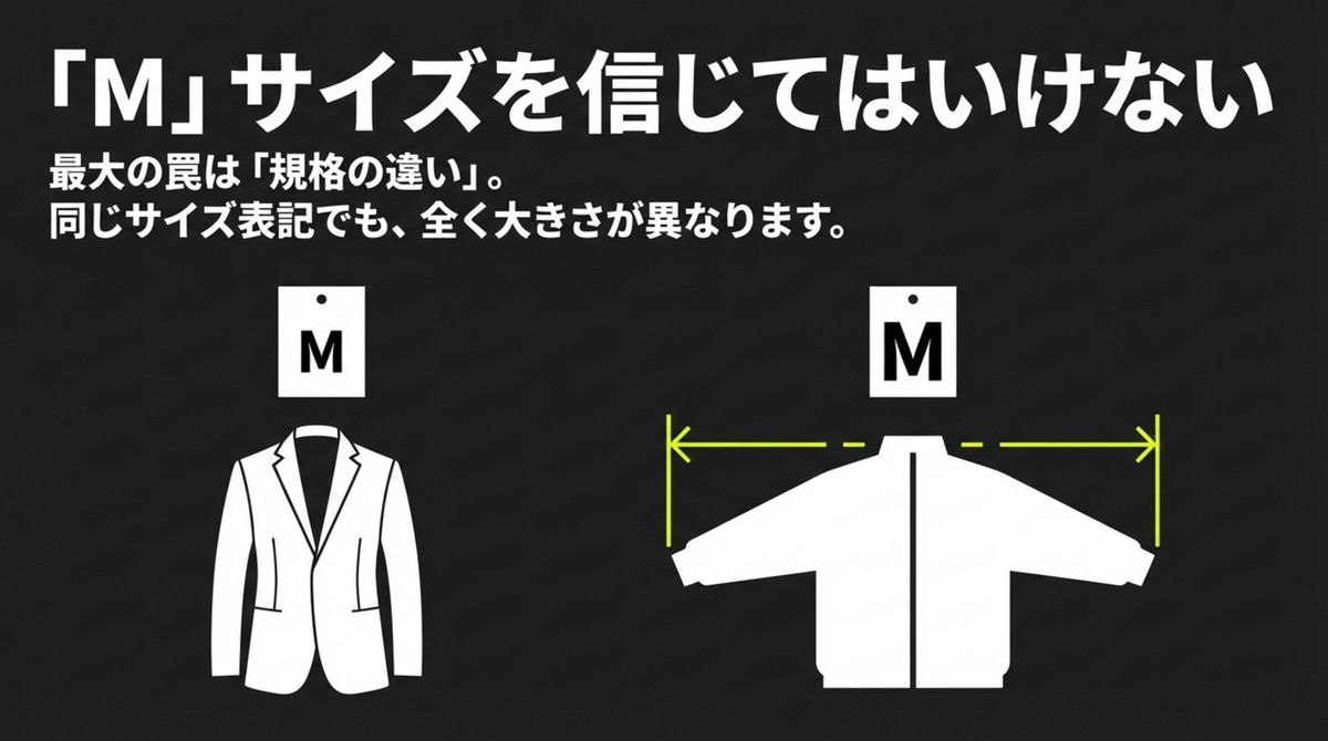 同じMサイズでも規格によって大きさが異なることを示す比較イラスト