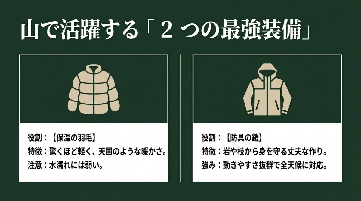 山で活躍する2つの最強装備として、保温の羽毛と防具の鎧の特徴を解説 [cite: 26, 27, 29]