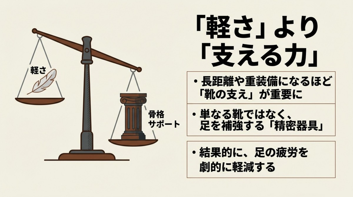 疲労を劇的に軽減する「支える力」とは? 軽さよりも骨格を支える力を重視した登山靴のバランス図