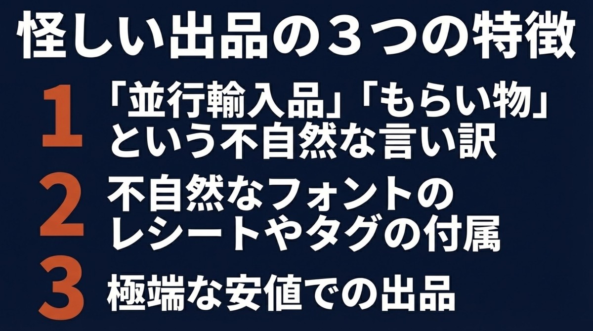 並行輸入や極端な安値など怪しい出品の特徴 フリマアプリ等での怪しい出品の3つの特徴
