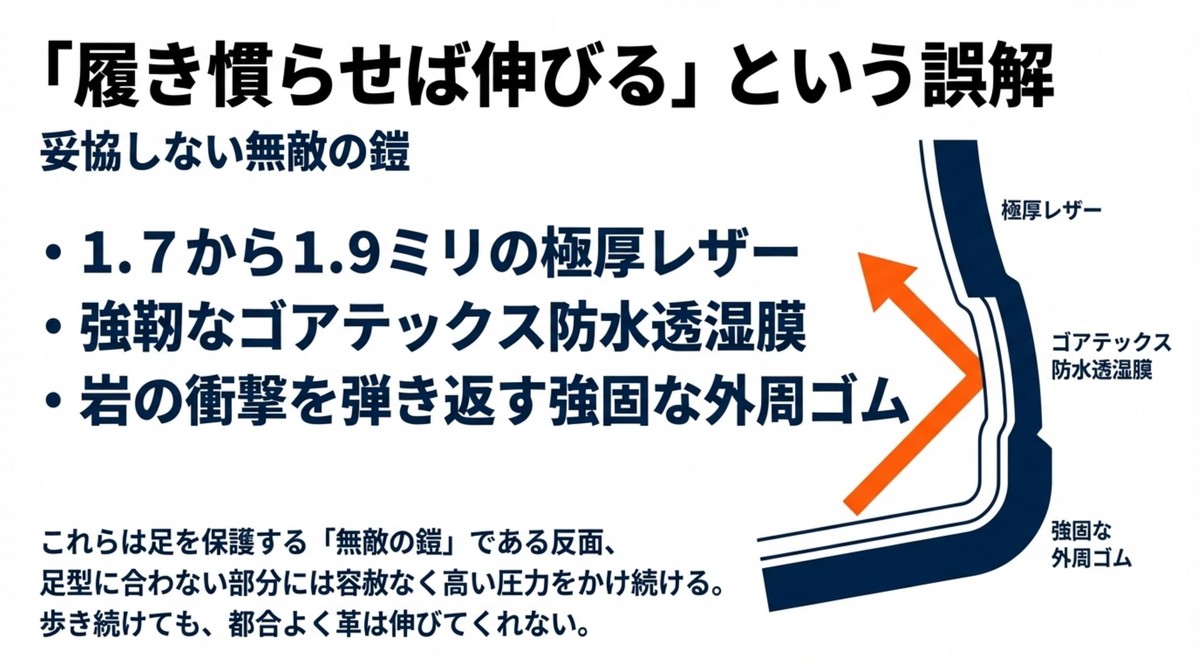 スカルパ登山靴の極厚レザー、ゴアテックス防水透湿膜、強固な外周ゴムによる堅牢な構造の解説