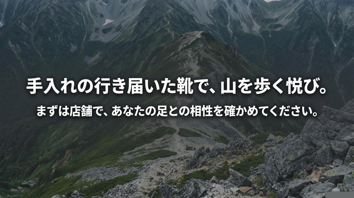 まずは店舗で相性を確かめてみよう! 手入れの行き届いた靴で山を歩く悦びと店舗での試し履きを促すメッセージ
