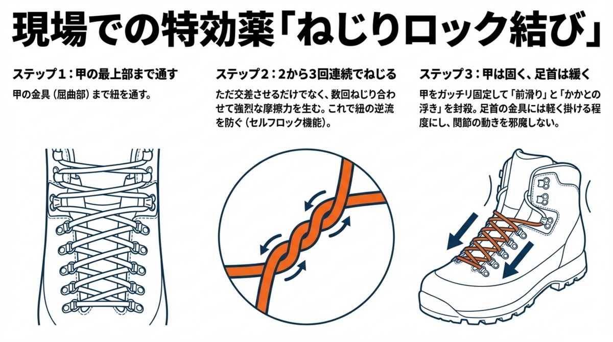 甲の金具まで紐を通し、2から3回連続でねじり合わせて強烈な摩擦力を生むねじりロック結びの手順