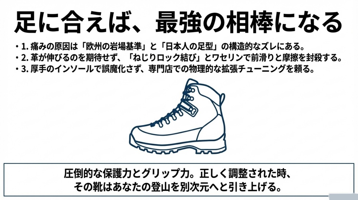 構造的なズレを理解し、結び方やワセリン、拡張チューニングで正しく調整することで靴が別次元の相棒になることのまとめ