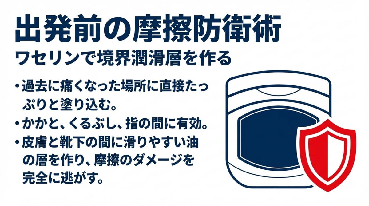 皮膚と靴下の間にワセリンを塗り込んで境界潤滑層を作り、摩擦のダメージを逃がす図