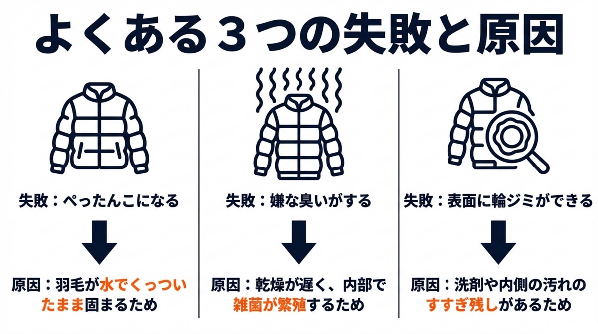 ダウン洗濯でよくある3つの失敗とその原因 よくある3つの失敗と原因 失敗:ぺったんこになる 失敗:嫌な臭いがする 失敗:表面に輪ジミができる