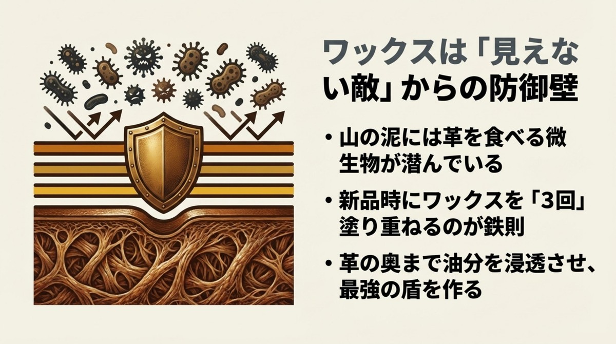 見えない敵から革を守る!ワックスが作る最強の防御壁 ワックスのバリアで山の泥に潜む微生物から革を守るイメージ図