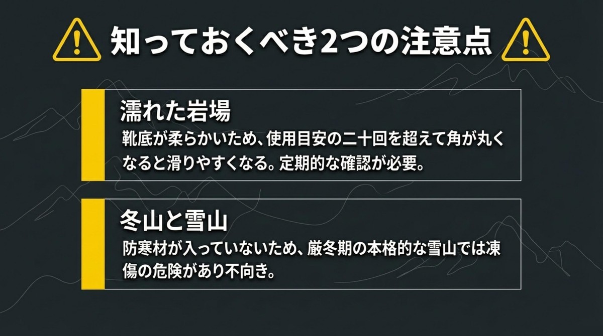 知っておくべき2つの注意点 濡れた岩場での滑りやすさと、厳冬期の雪山には不向きという2つの注意点