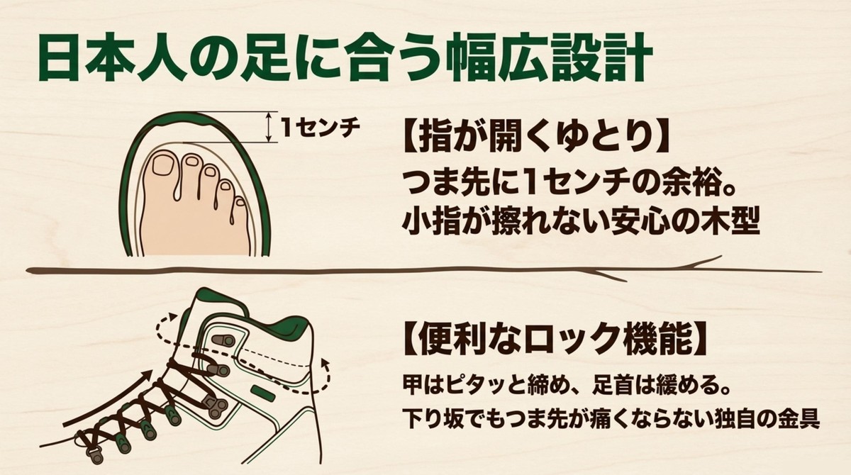 つま先の1センチのゆとりと靴紐のロック機能の解説図