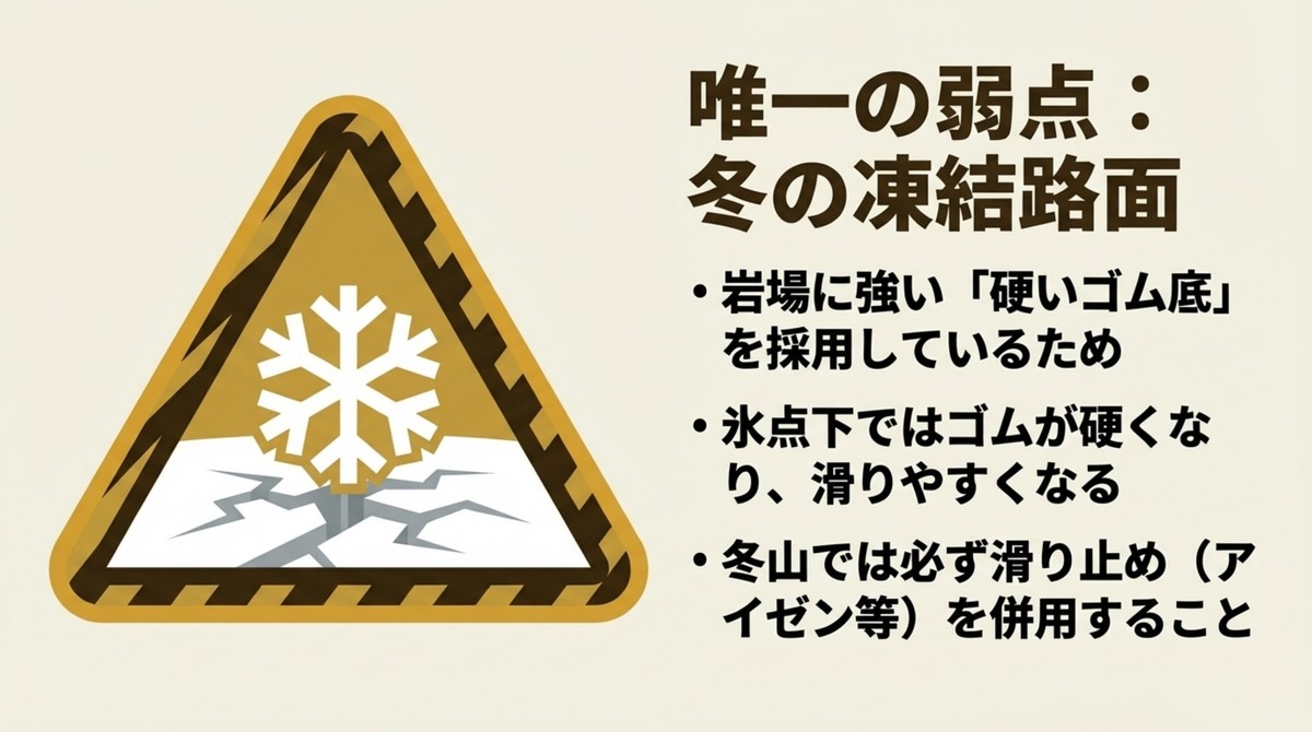 唯一の弱点?冬の凍結路面での注意点 冬の凍結路面での滑りやすさを警告するアイコン