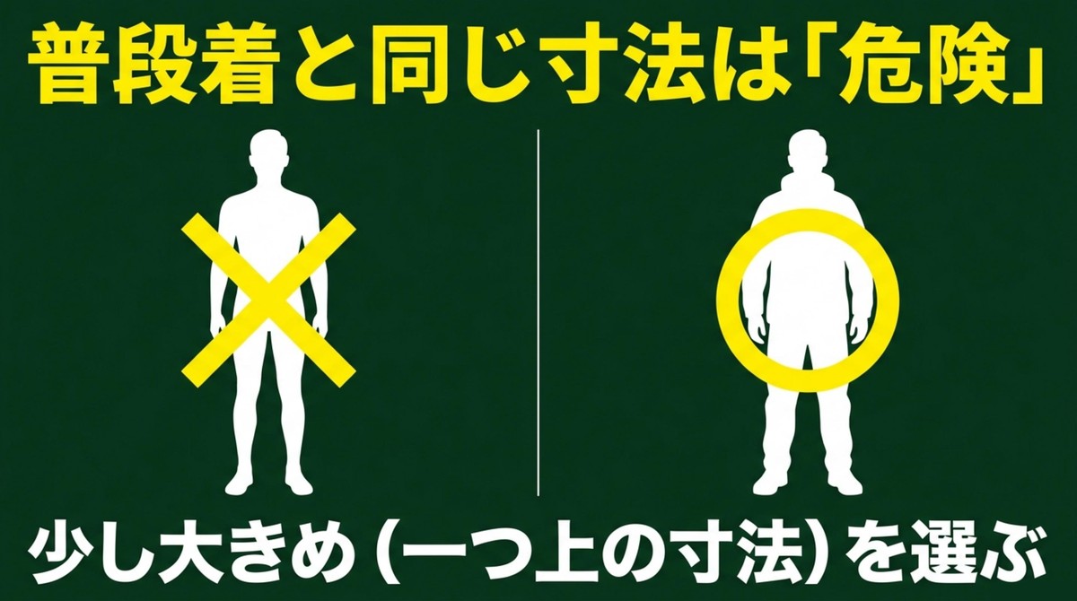 普段着と同じ寸法は危険、少し大きめを選ぶ [cite: 4, 5]