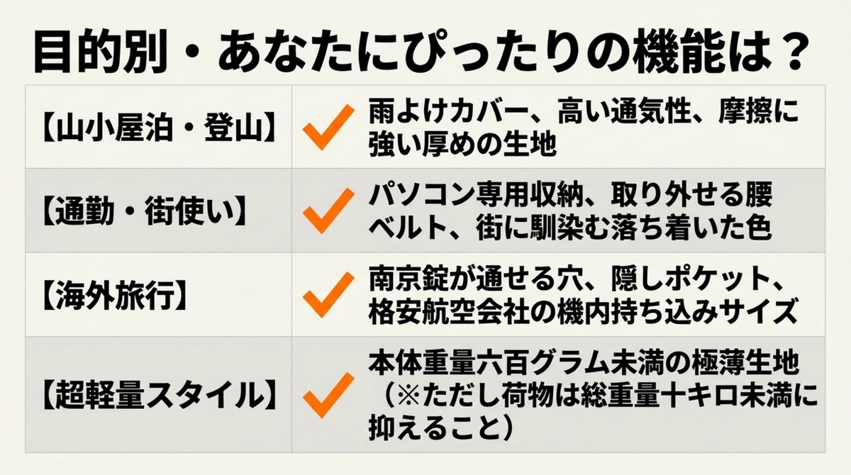 山小屋泊、通勤・街使い、海外旅行、超軽量スタイルなど目的別の最適機能リスト