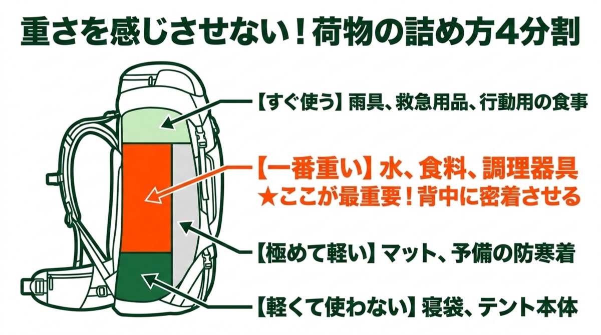 重心コントロールで軽く感じる!魔法のパッキング術 重さを感じさせないためのザックの詰め方4分割図