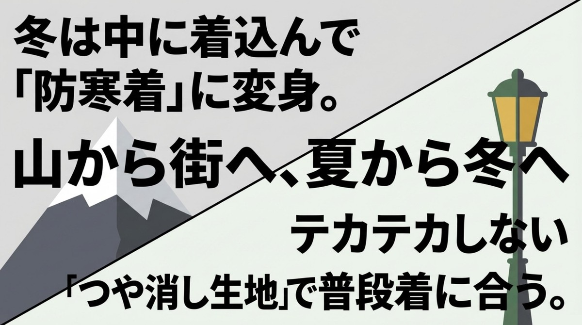 冬は防寒着になり、つや消し生地で街着にも合うという解説