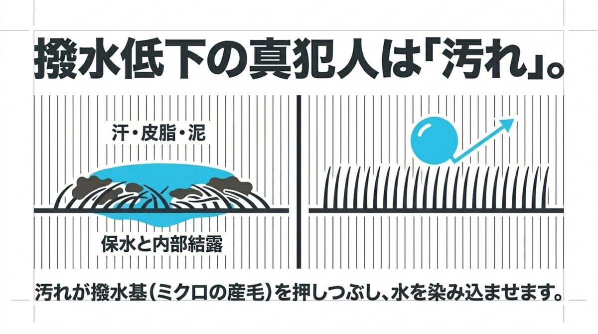汚れが撥水基を押しつぶし水が染み込むメカニズム