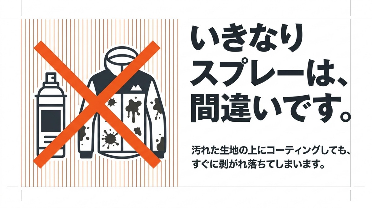 汚れたウェアにいきなりスプレーするのはNGという警告イラスト
