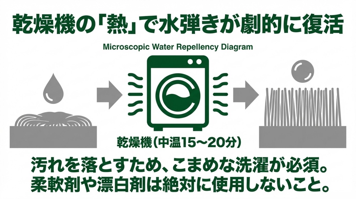 乾燥機の「熱」で水弾きが劇的に復活 汚れを落とすこまめな洗濯と、中温で15から20分の乾燥機によって水弾きが復活する仕組みの解説