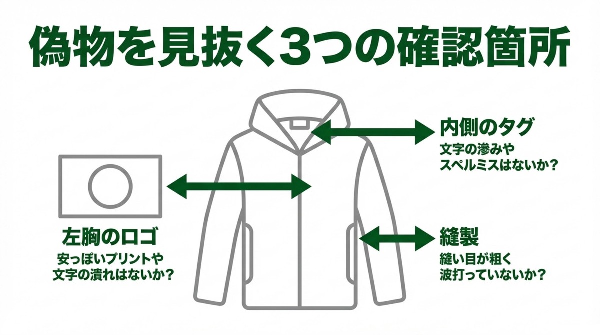 偽物を見抜く3つの確認箇所 内側のタグの文字滲みやスペルミス、左胸ロゴのプリント品質、縫い目の粗さの3箇所を確認して偽物を見抜く方法