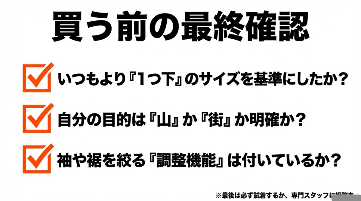 買う前の最終確認 1つ下のサイズか、目的は明確か、調整機能はあるか