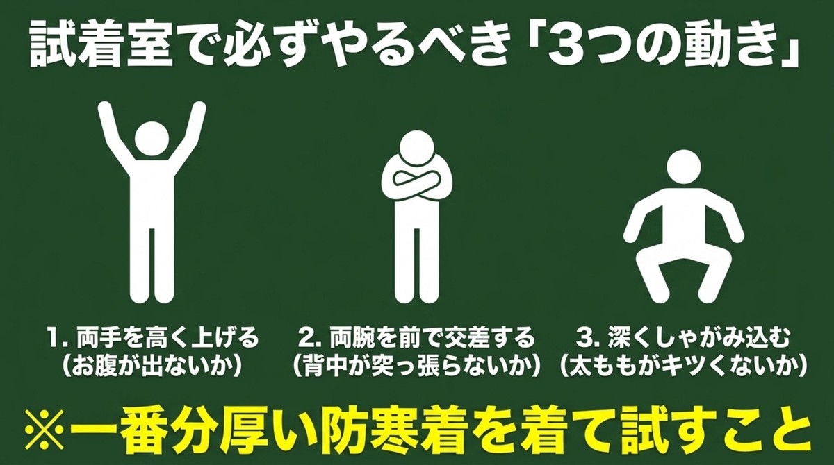 試着室で必ずやるべき3つの動き。両手を高く上げる、両腕を前で交差する、深くしゃがみ込む [cite: 19, 20, 21]