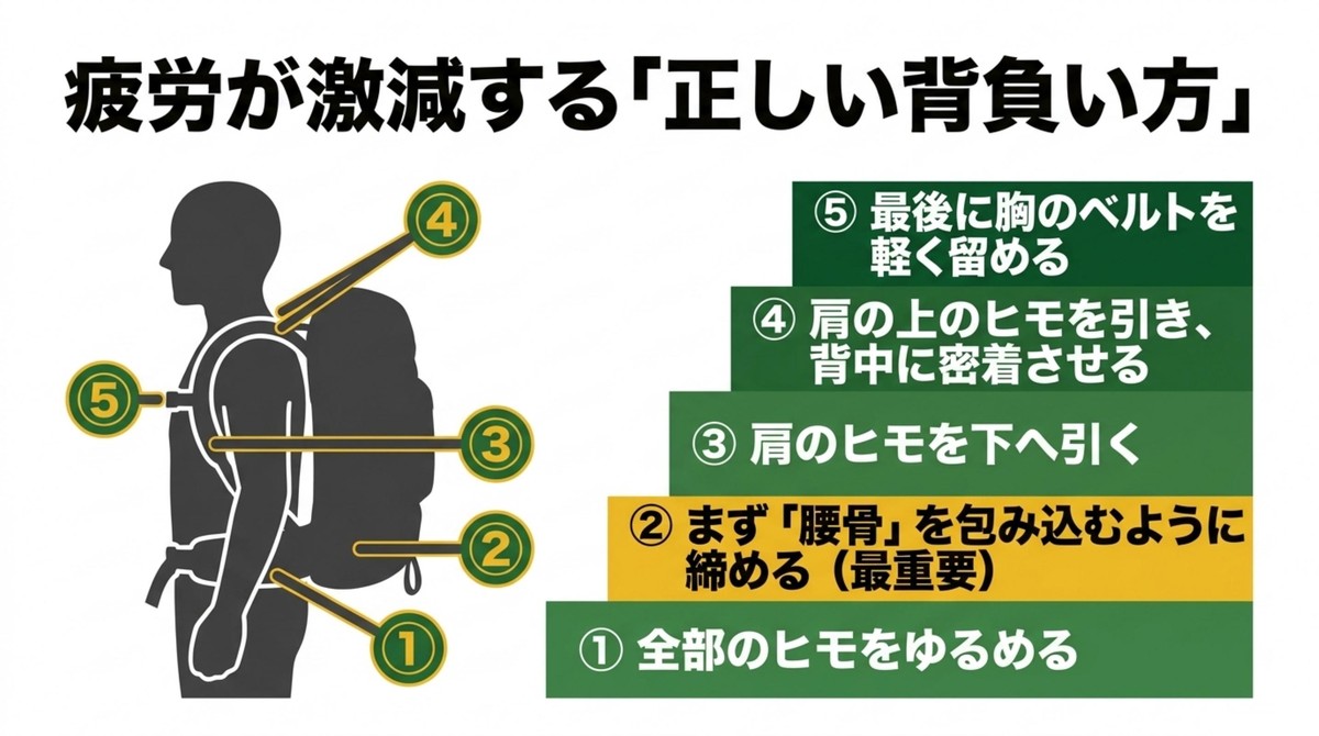 正しいリュックの背負い方を5つのステップで図解