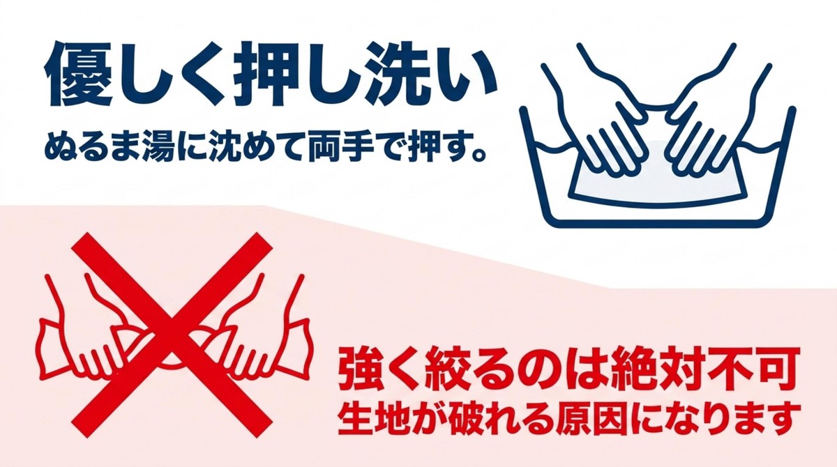 レインウェアを手洗いする際の押し洗いの方法と、強く絞ることを禁止する注意喚起